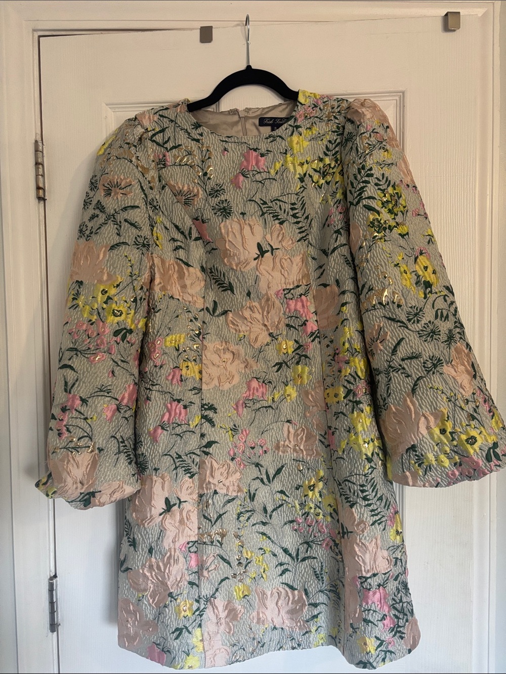 Textured Floral Puff-Sleeve Mini Dress in Light Pink, Yellow & Green